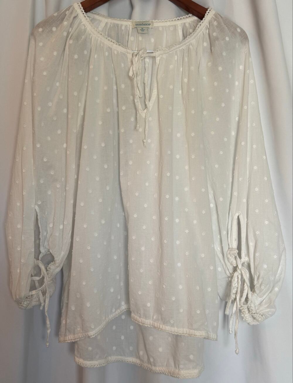 Sundance Summer Breeze Swiss Dot Peasant Blouse M White Cotton Crochet Boho